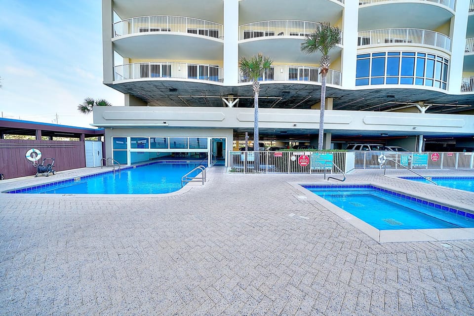 The pool on the left is partly inside, on the right is the hot tub.
