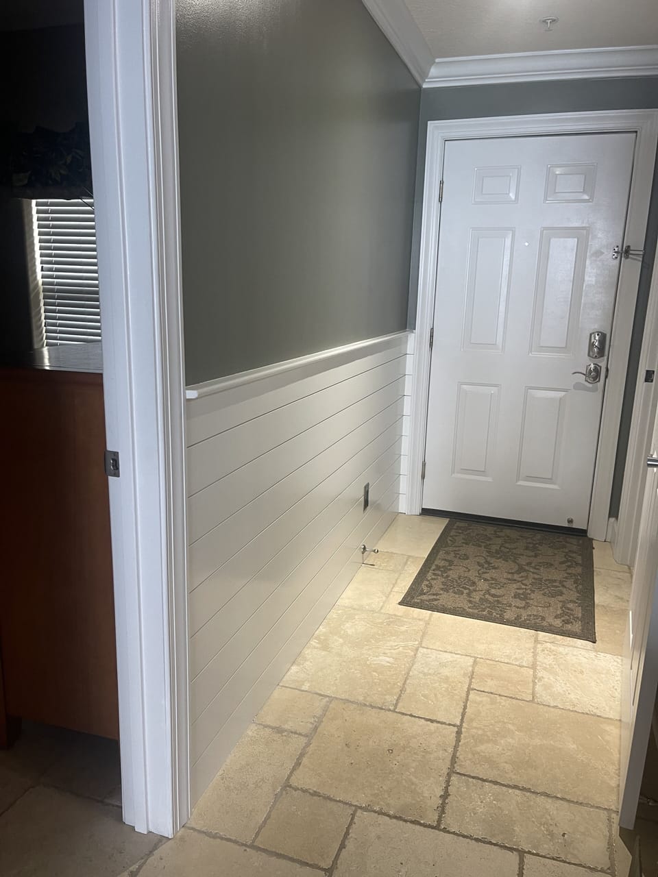 JUST ADDED SHIPLAP TO THE ENTRY TO MATCH THE KITCHEN BAR SEATING AREA 