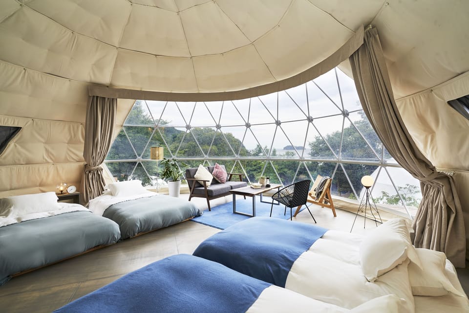 Glamp Ocean Iseshima Bay Terrace Comfort-type Domes, Shared Bathroom | Premium bedding, down comforters, free WiFi, bed sheets