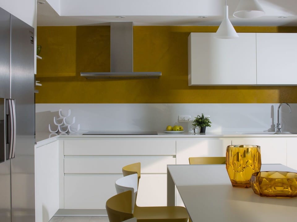 Room, Yellow, Countertop, Furniture, Kitchen, Interior Design, Property, Cabinetry, Orange, Floor