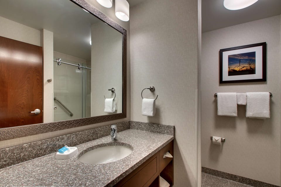 Combined shower/tub, free toiletries, hair dryer, towels