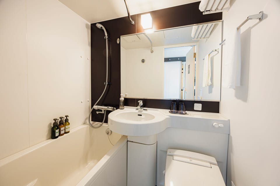 Combined shower/tub, free toiletries, hair dryer, slippers