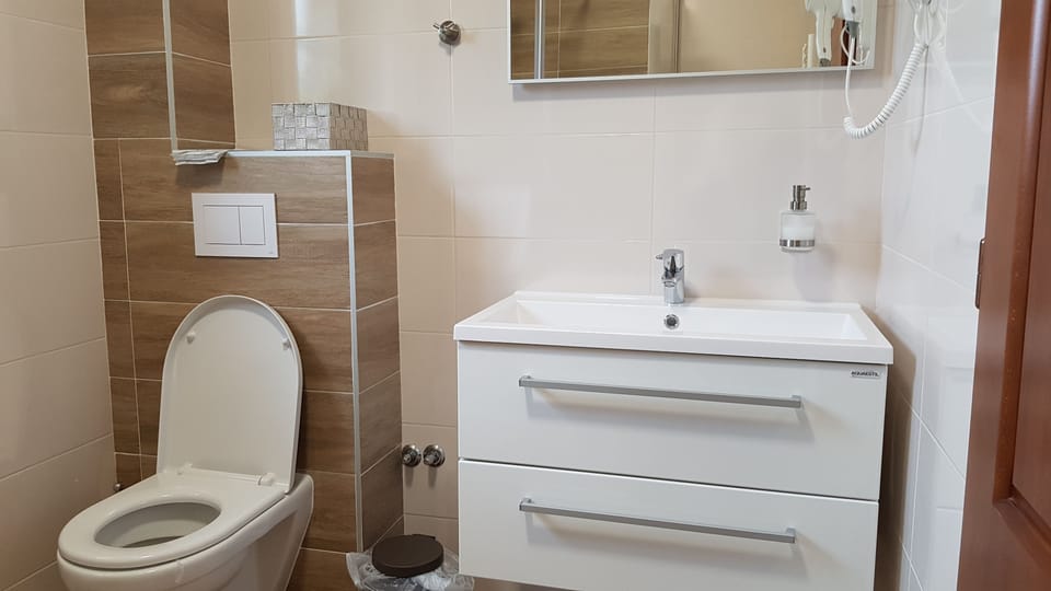Shower, free toiletries, hair dryer, slippers
