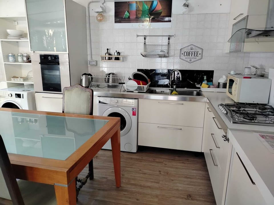 Microwave, stovetop, freezer, dining table