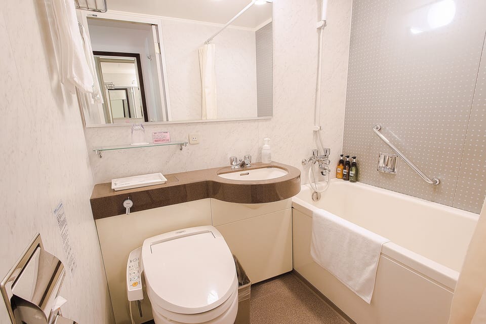 Combined shower/tub, free toiletries, hair dryer, slippers