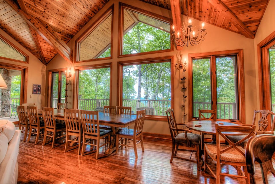 Wood floors reflect warm interior lighting