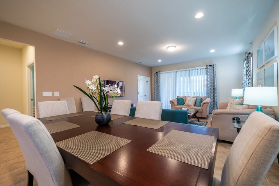 Dining table overlooking living room