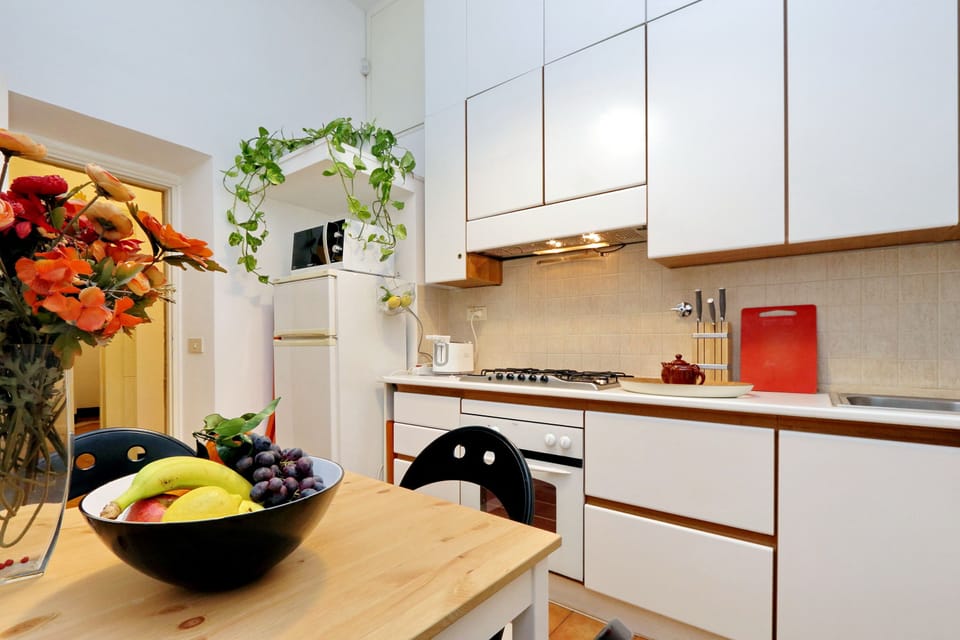 Full-size fridge, microwave, stovetop, dishwasher