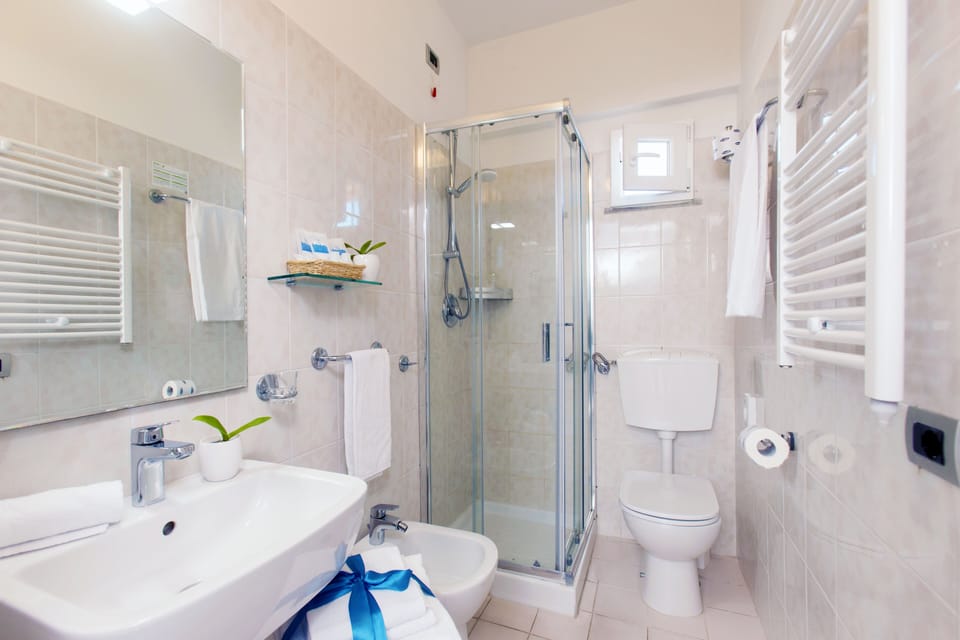 Shower, rainfall showerhead, free toiletries, hair dryer