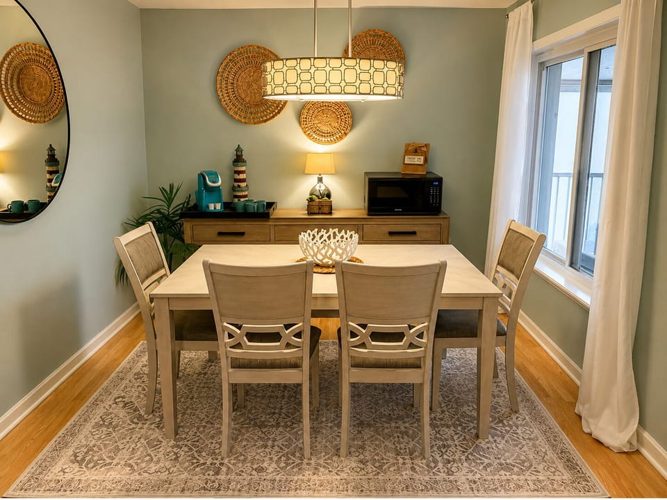 Gather around a stylish dining set, perfect for family meals and entertaining. The spacious table and comfortable chairs create an inviting atmosphere for memorable dining experiences.