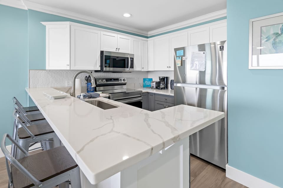 Mistral 8 has a full kitchen with everything you would need to eat in.