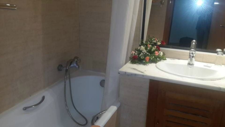 Combined shower/tub, free toiletries, hair dryer