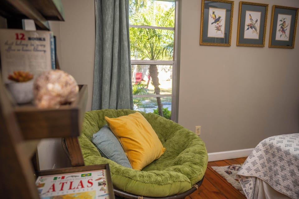 Reading corner in guest bedroom.