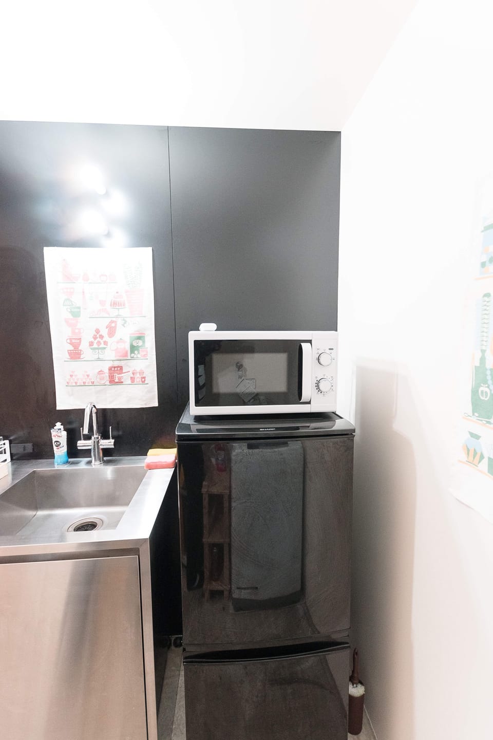 Fridge, microwave, stovetop, electric kettle