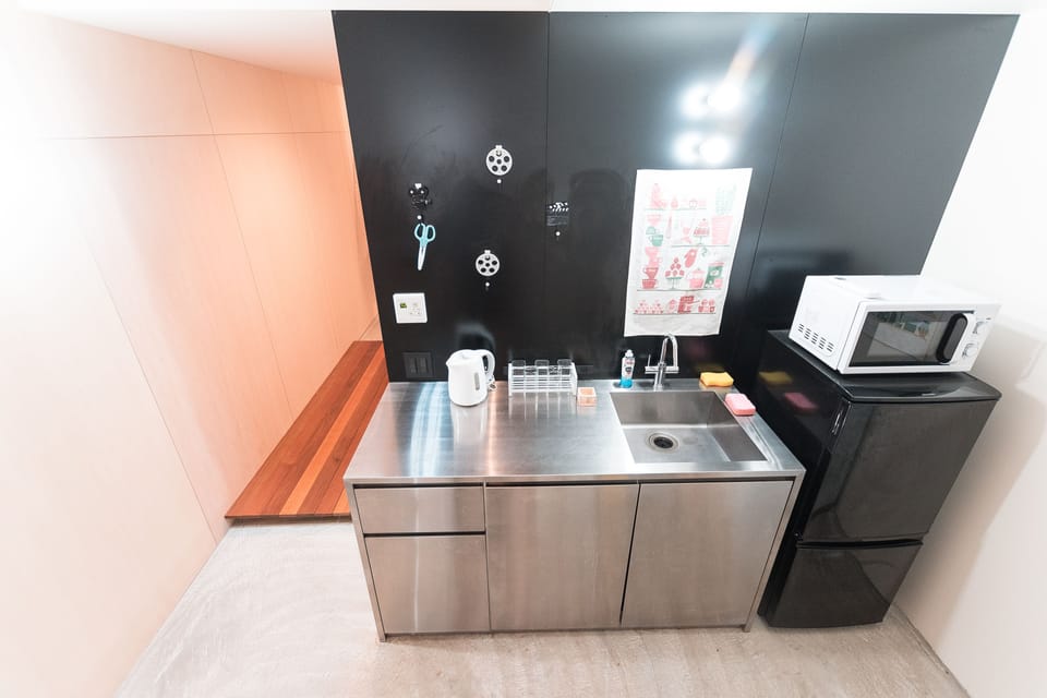 Fridge, microwave, stovetop, electric kettle