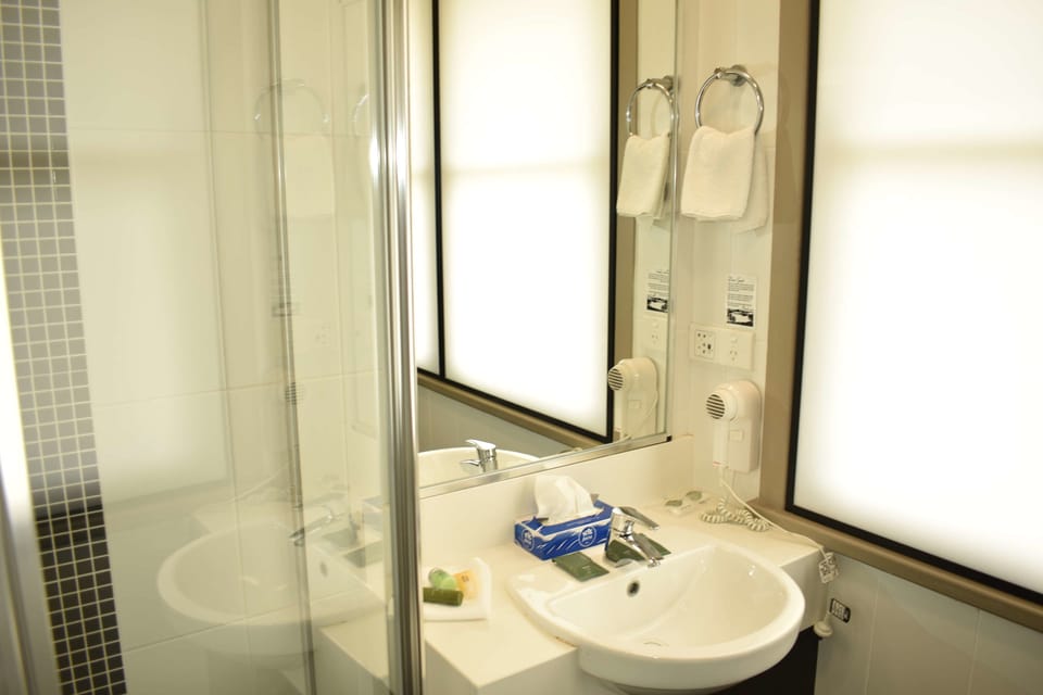 Shower, hair dryer, towels