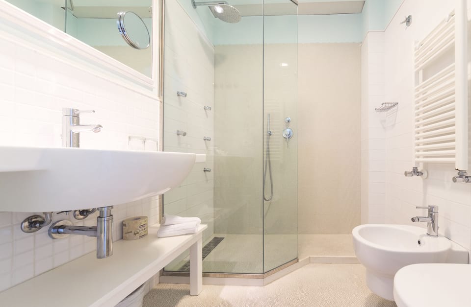 Eco-friendly toiletries, hair dryer, bidet, towels