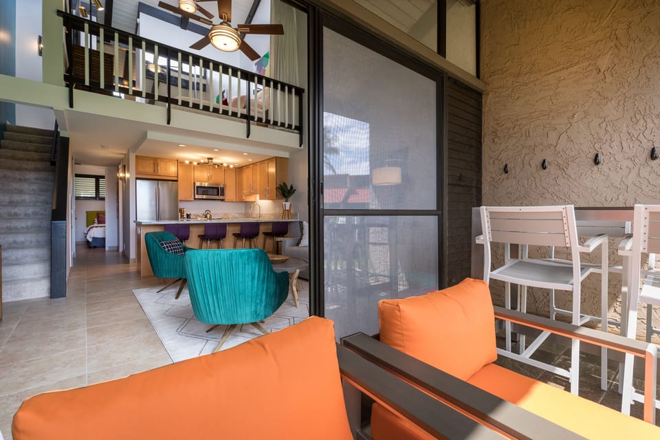 Seating for four at the table and two on the loungers.