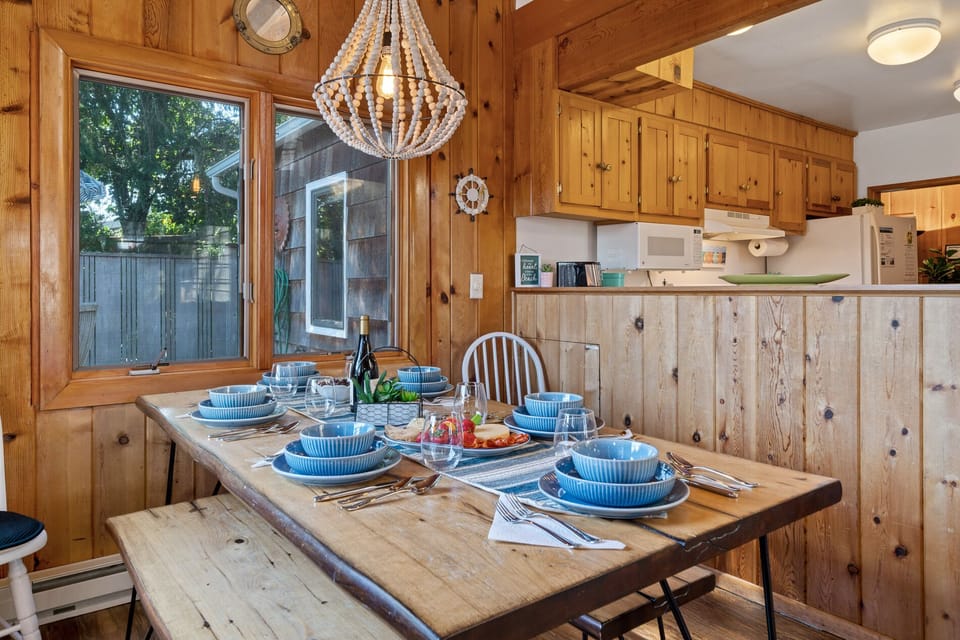 There is room for the whole gang at the table, right next to the kitchen.