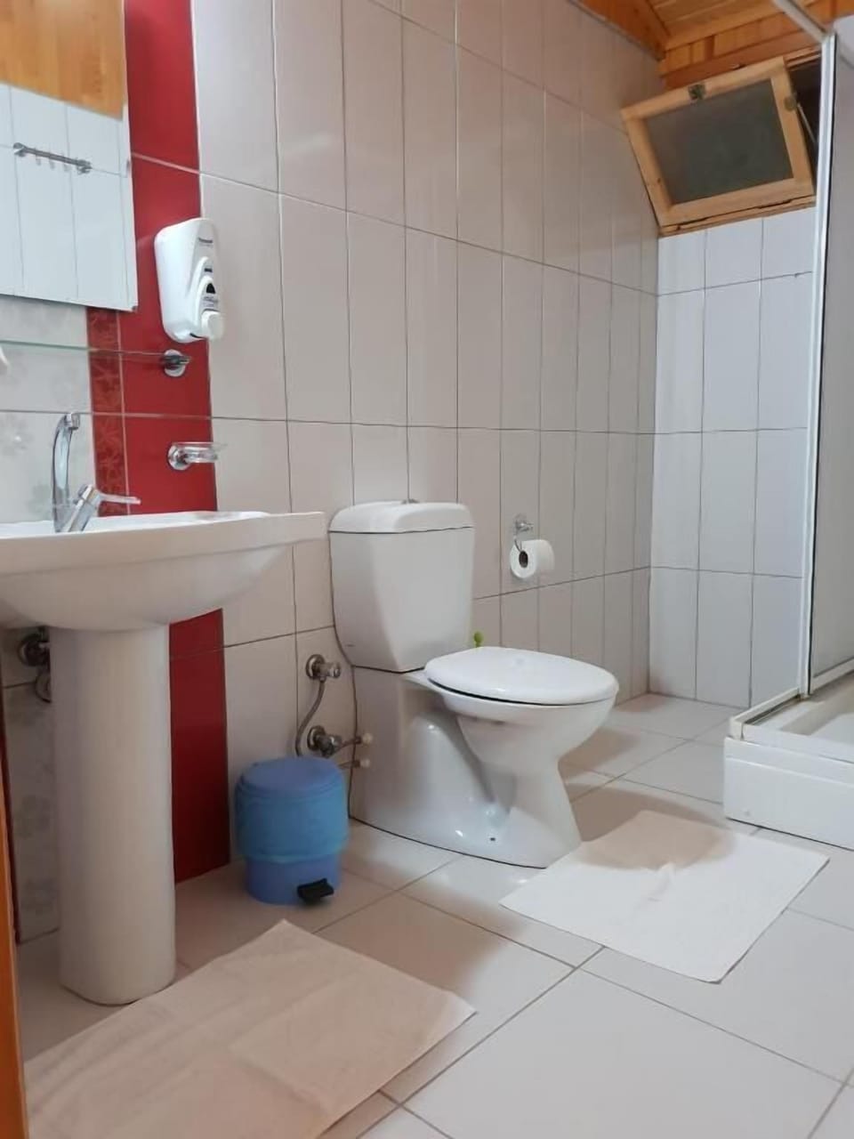 Shower, hair dryer, slippers, towels
