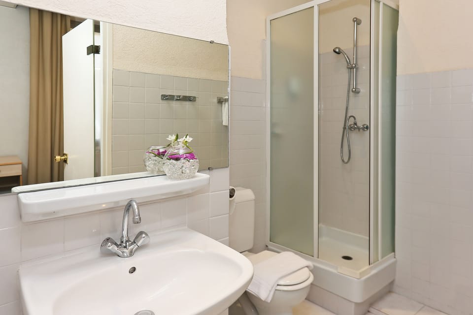 Shower, free toiletries, hair dryer, towels