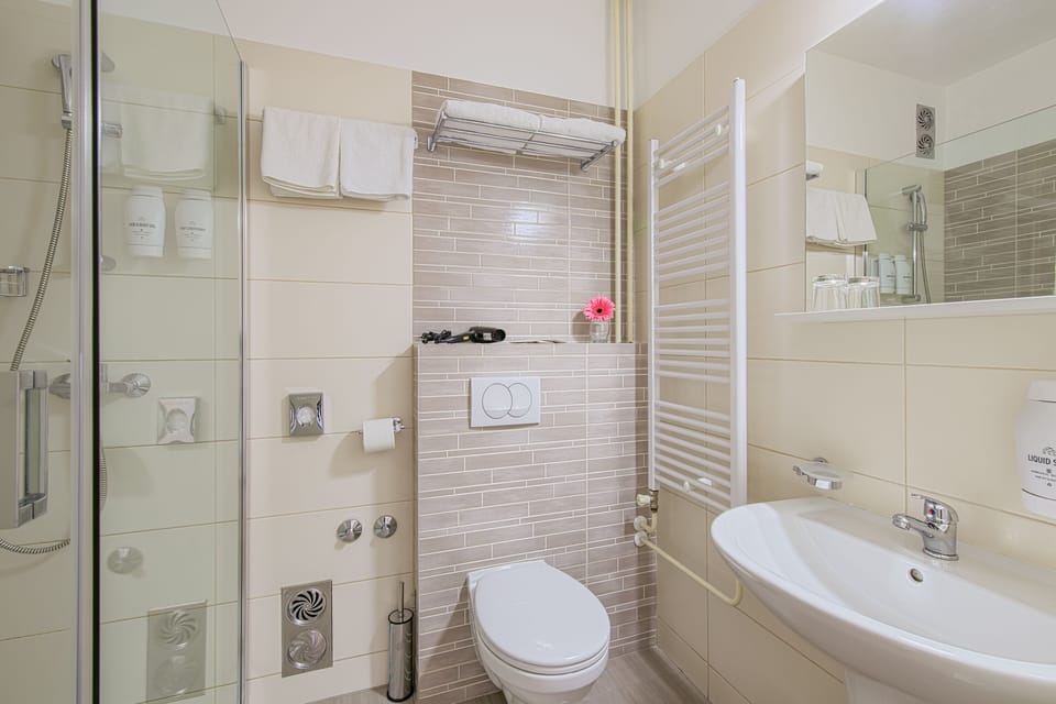 Shower, free toiletries, hair dryer, towels