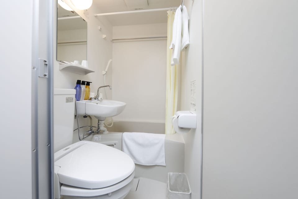 Combined shower/tub, free toiletries, hair dryer, slippers