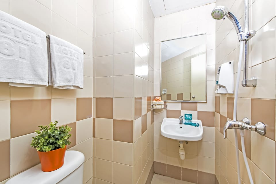Shower, free toiletries, hair dryer, towels