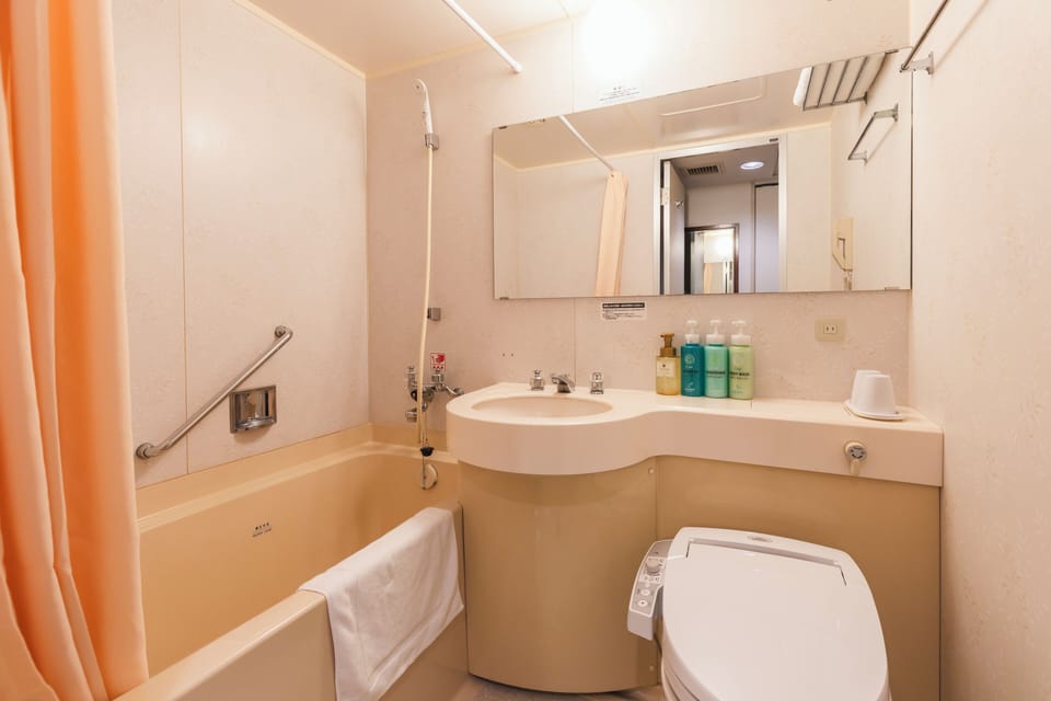 Combined shower/tub, free toiletries, hair dryer, slippers