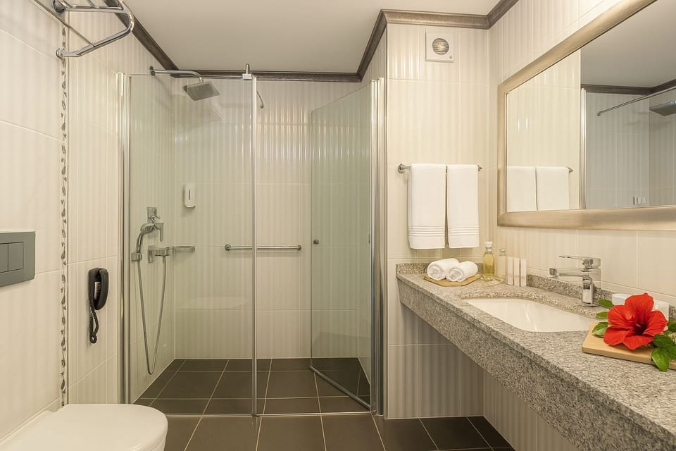 Shower, rainfall showerhead, designer toiletries, hair dryer