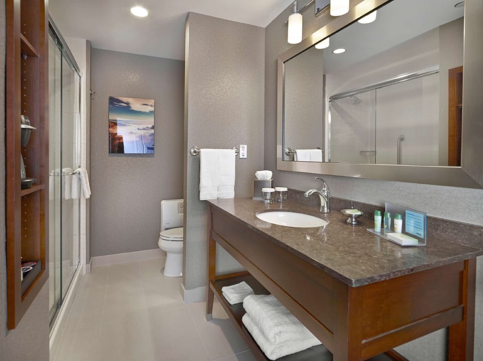 Eco-friendly toiletries, hair dryer, towels, soap