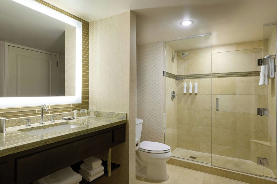 Combined shower/tub, deep soaking tub, free toiletries, hair dryer