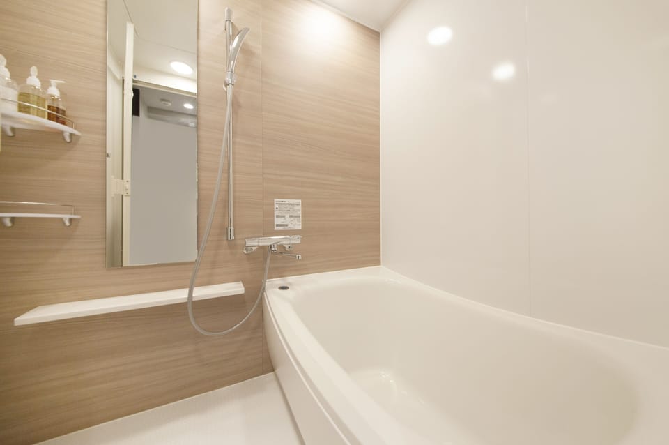 Combined shower/tub, free toiletries, hair dryer, slippers