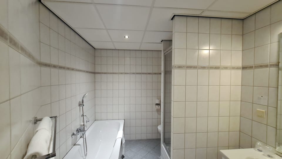 Separate tub and shower, eco-friendly toiletries, hair dryer, towels