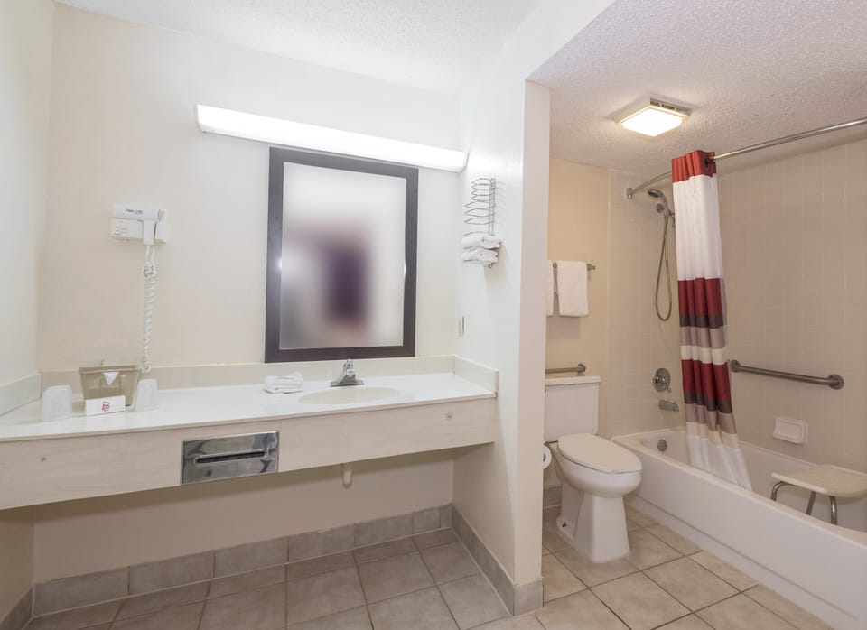 Hair dryer, towels, soap, shampoo