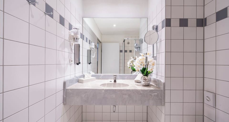 Hair dryer, towels, soap, shampoo