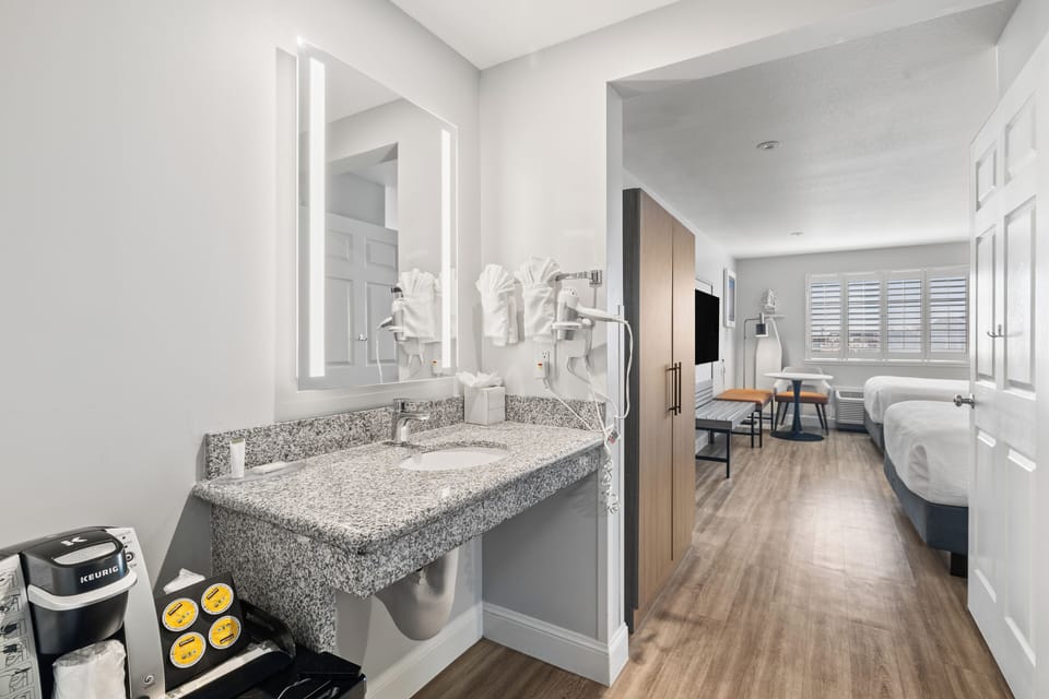 Standard Room, 2 Queen Beds, Accessible | In-room safe, desk, laptop workspace, iron/ironing board