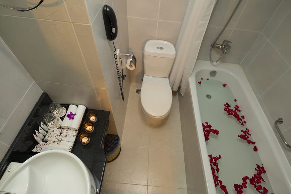 Bathtub, free toiletries, hair dryer, bathrobes