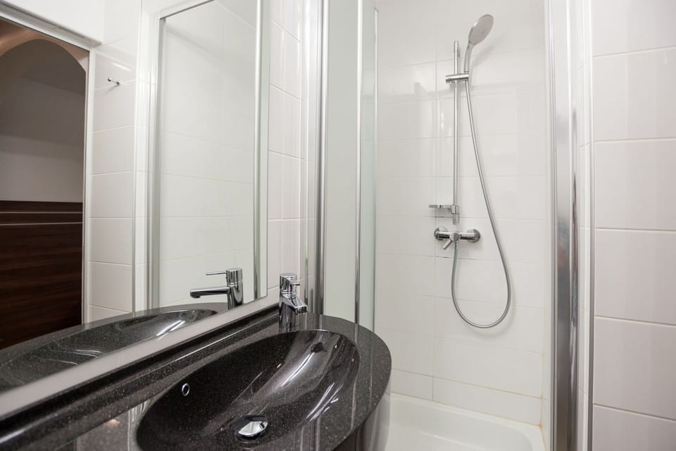 Shower, free toiletries, hair dryer, towels