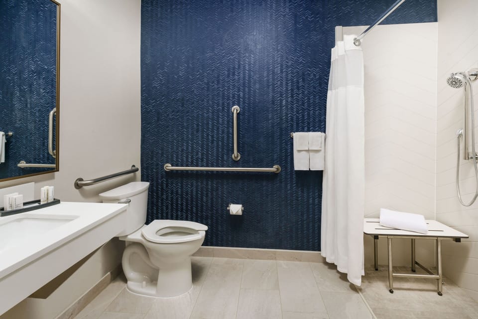Combined shower/tub, free toiletries, hair dryer, towels