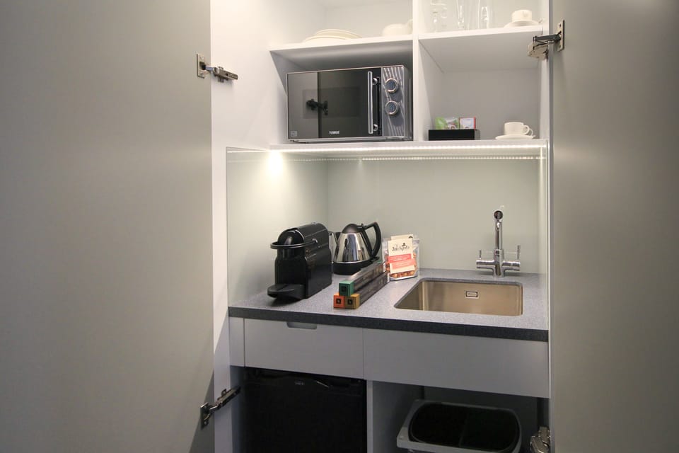 Fridge, microwave, espresso maker, electric kettle
