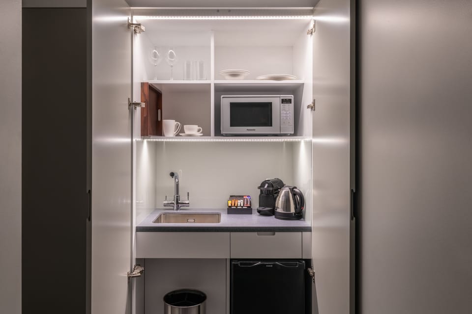Fridge, microwave, espresso maker, electric kettle