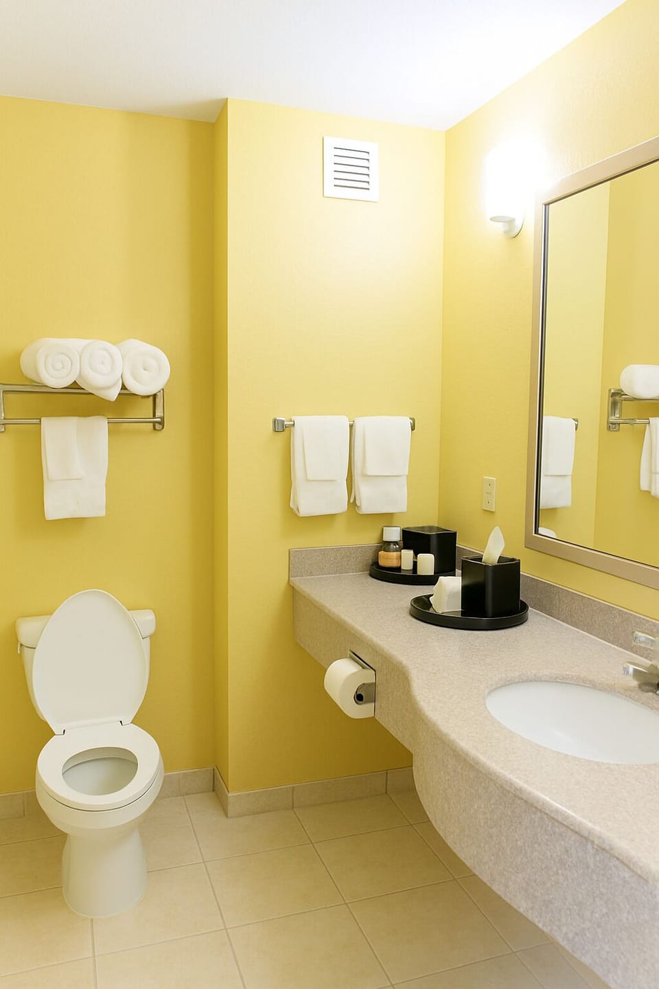 Combined shower/tub, deep soaking tub, free toiletries, hair dryer