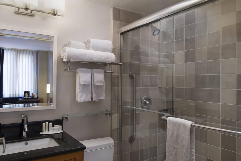 Shower, free toiletries, hair dryer, towels