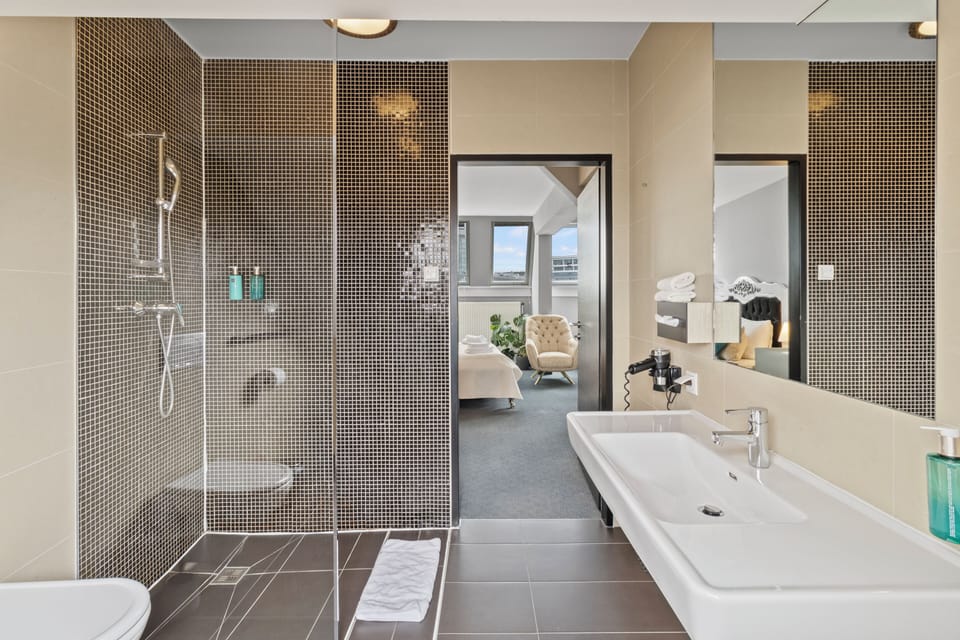 Shower, free toiletries, hair dryer, towels