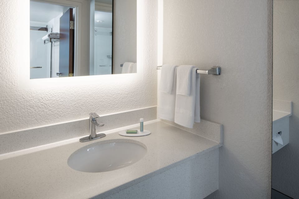 Combined shower/tub, free toiletries, hair dryer, towels