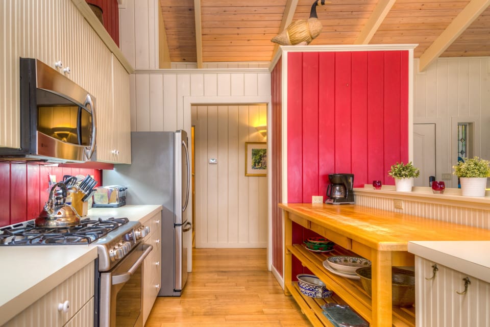 Spacious kitchen with gas stove, stocked with everything you may need. 