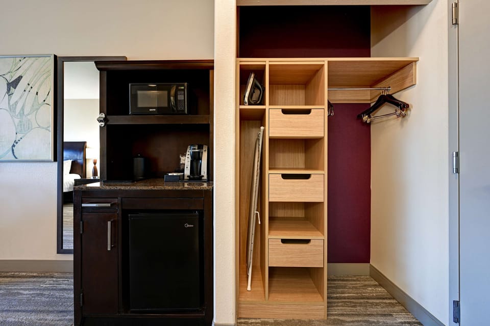 Premium bedding, desk, blackout drapes, iron/ironing board