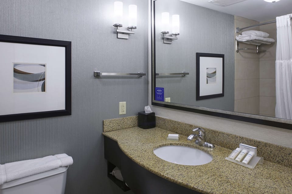 Shower, designer toiletries, hair dryer, towels