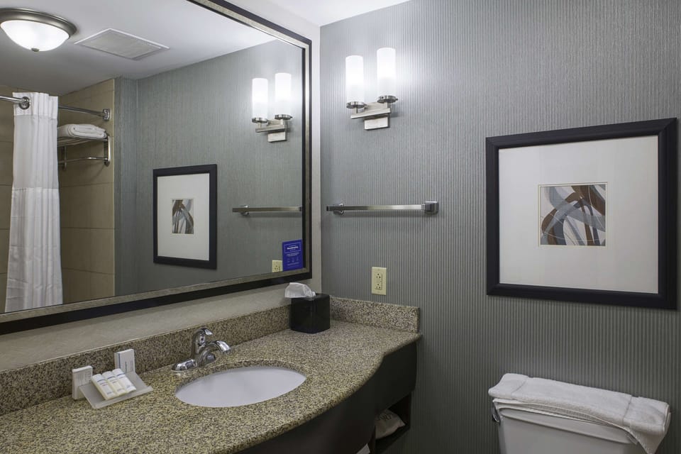 Shower, designer toiletries, hair dryer, towels
